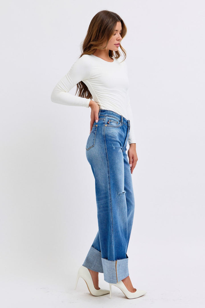 Judy Blue Daisy Distressed High Waist Wide Leg Jeans