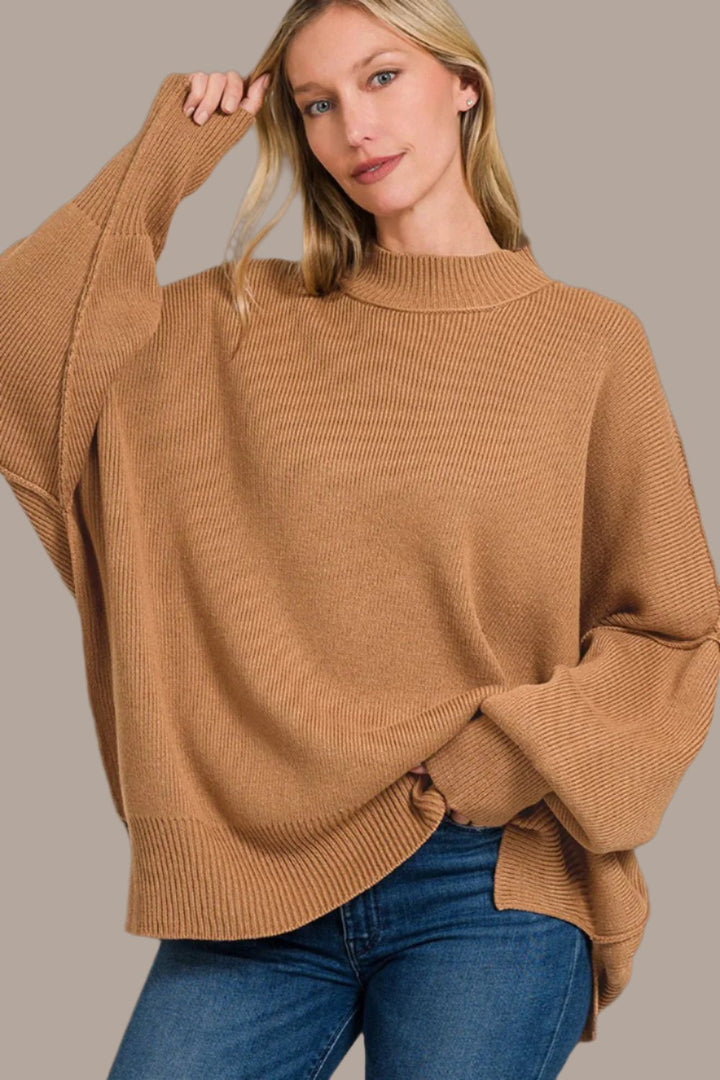 Zenana Side Sit Oversize Sweater In Deep Camel