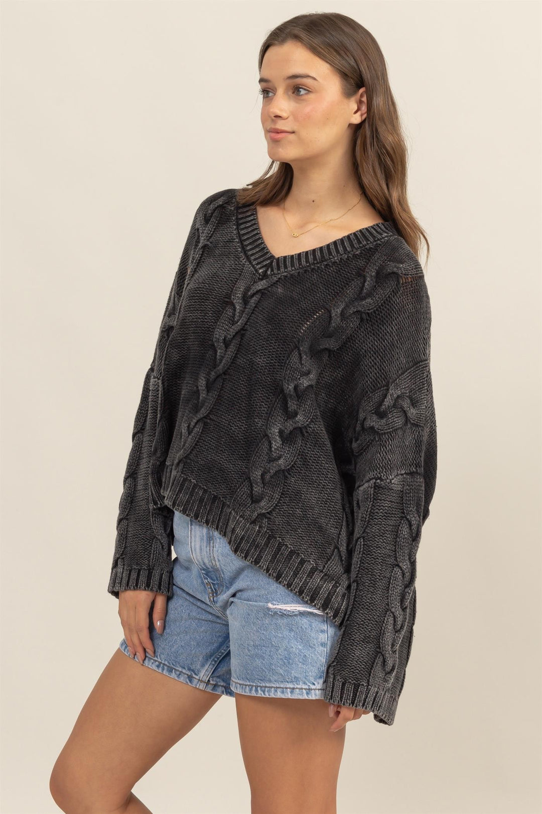 HYFVE Cable Knit V-Neck Dropped Shoulder Oversized Sweater In Charcoal