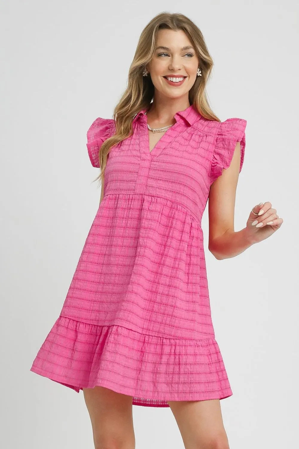 Umgee Ruffle Cap Sleeve Textured Mini Dress In Hot Pink AddiBray Umgee Ruffle Cap Sleeve Textured Mini Dress In Hot Pink AddiBray