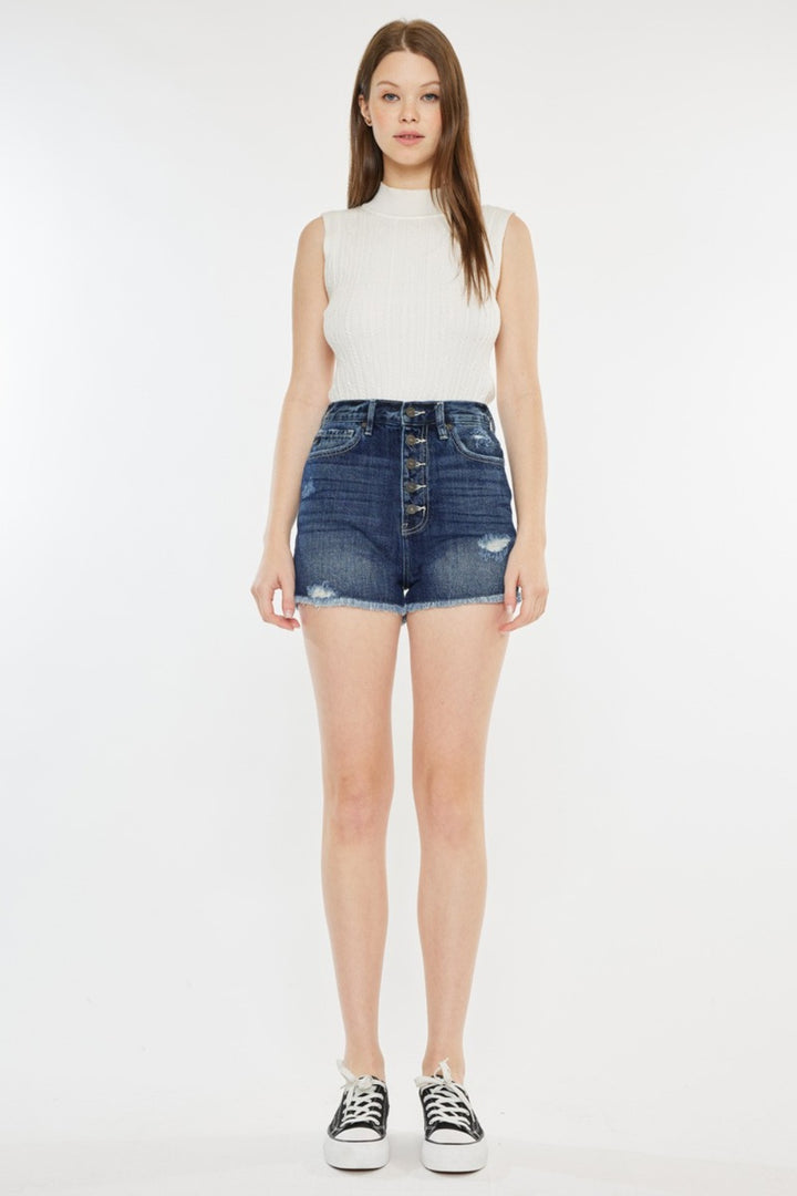 Kancan Aria Raw Hem Button Fly Denim Shorts