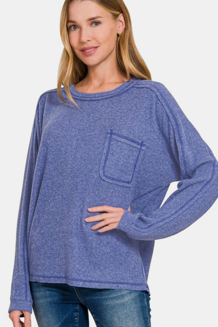 Zenana Brushed Ribbed Hacci Knit Top in Blue