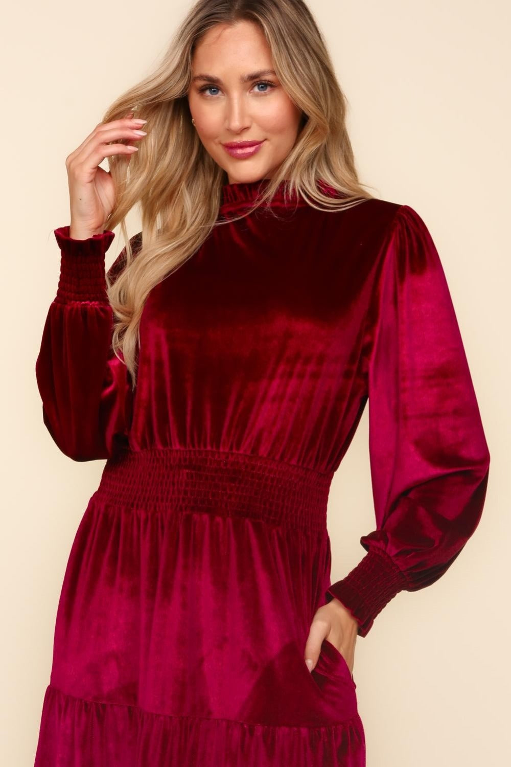 Haptics Mock Neck Smocked Waist Velvet Tiered Dress In Burgundy