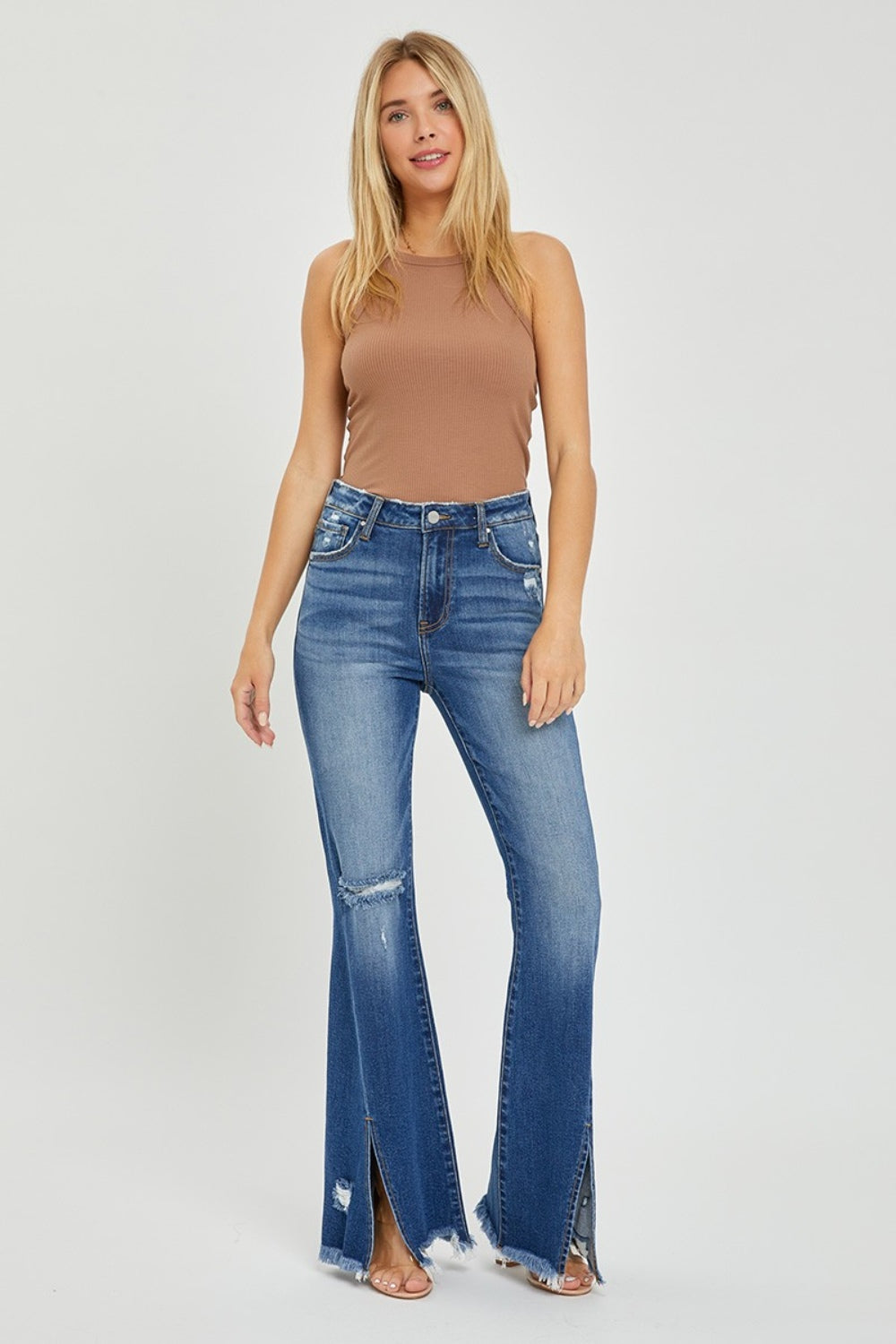 RISEN Gianna High Rise Front Slit Frayed Hem Flare Jeans