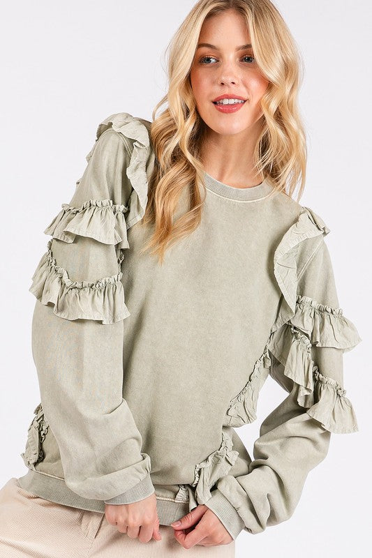 Mittoshop Ruffled Mineral Washed Sweatshirt In Sage