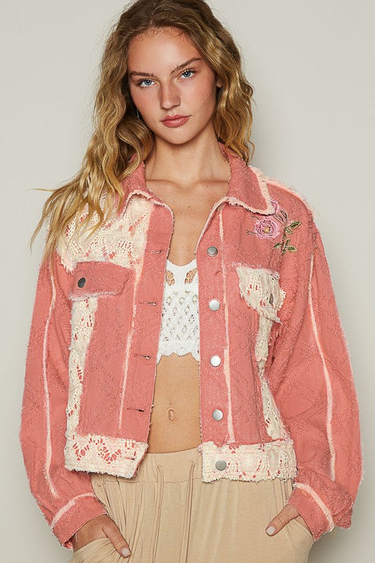 POL Crochet Patch Embroidered Button Up Jacket In Pink