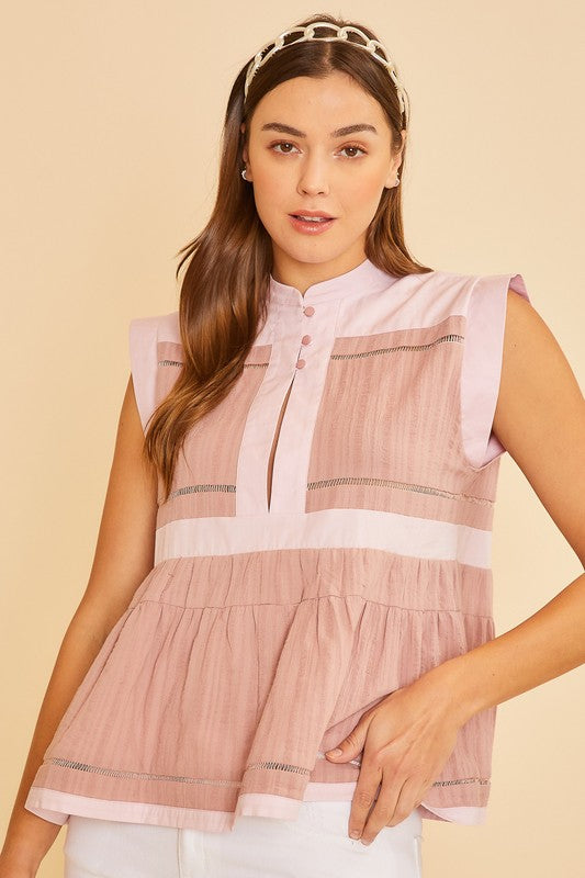 Annie Wear Contrast Trim Peplum Blouse In Dusty Pink