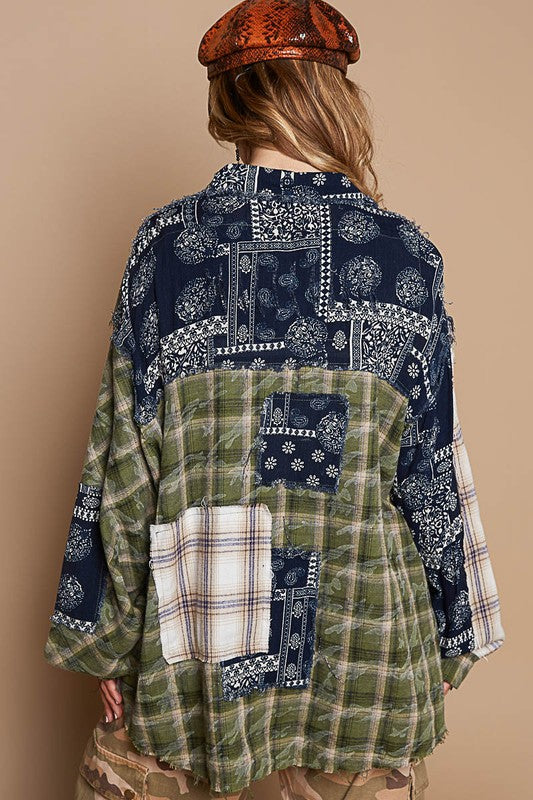 POL Patchwork Plaid Button Up Shirt In Moss