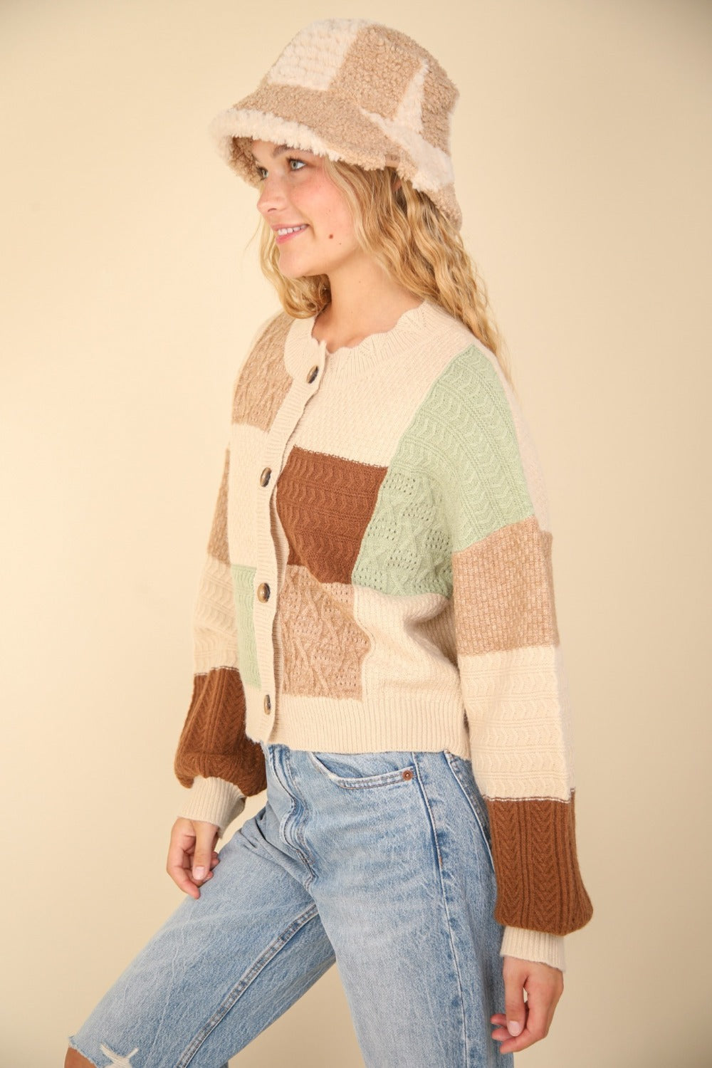 VERY J Color Block Button Down Textured Sweater Cardigan In Oatmeal