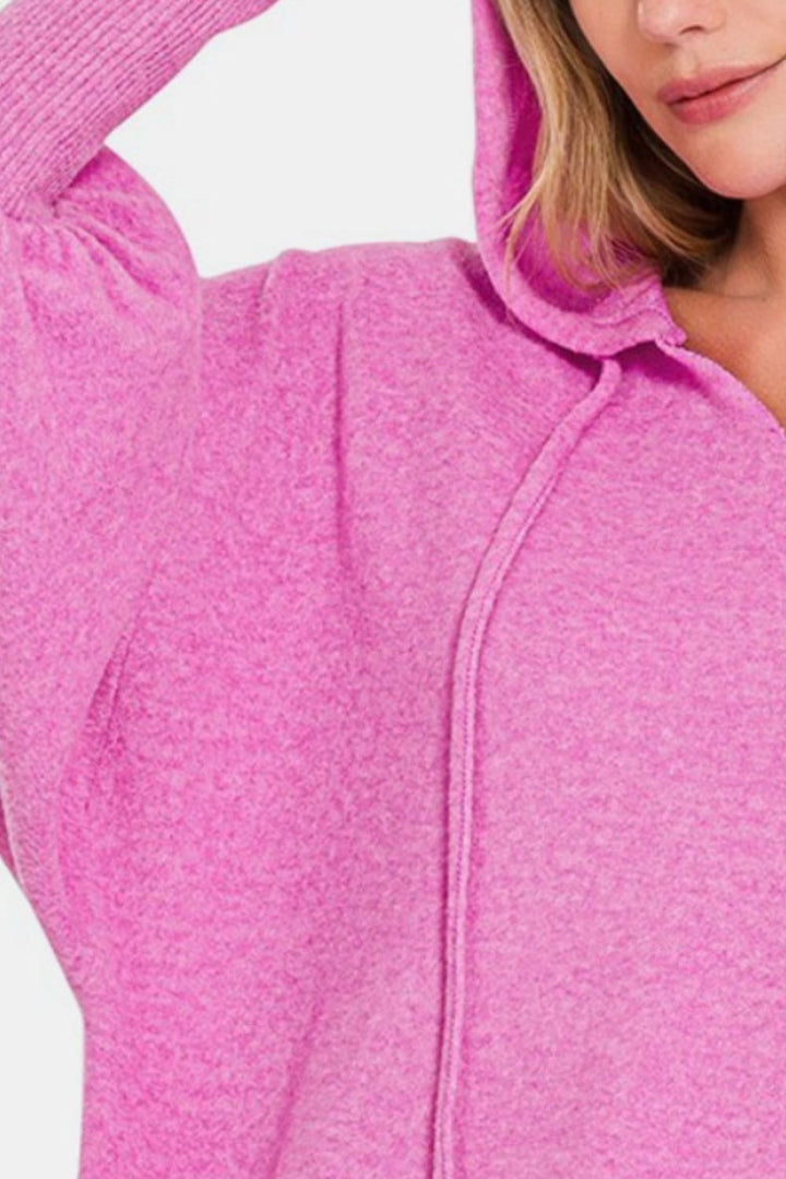 Zenana Brushed Hacci Drop Shoulder Cropped Hoodie In Bright Mauve