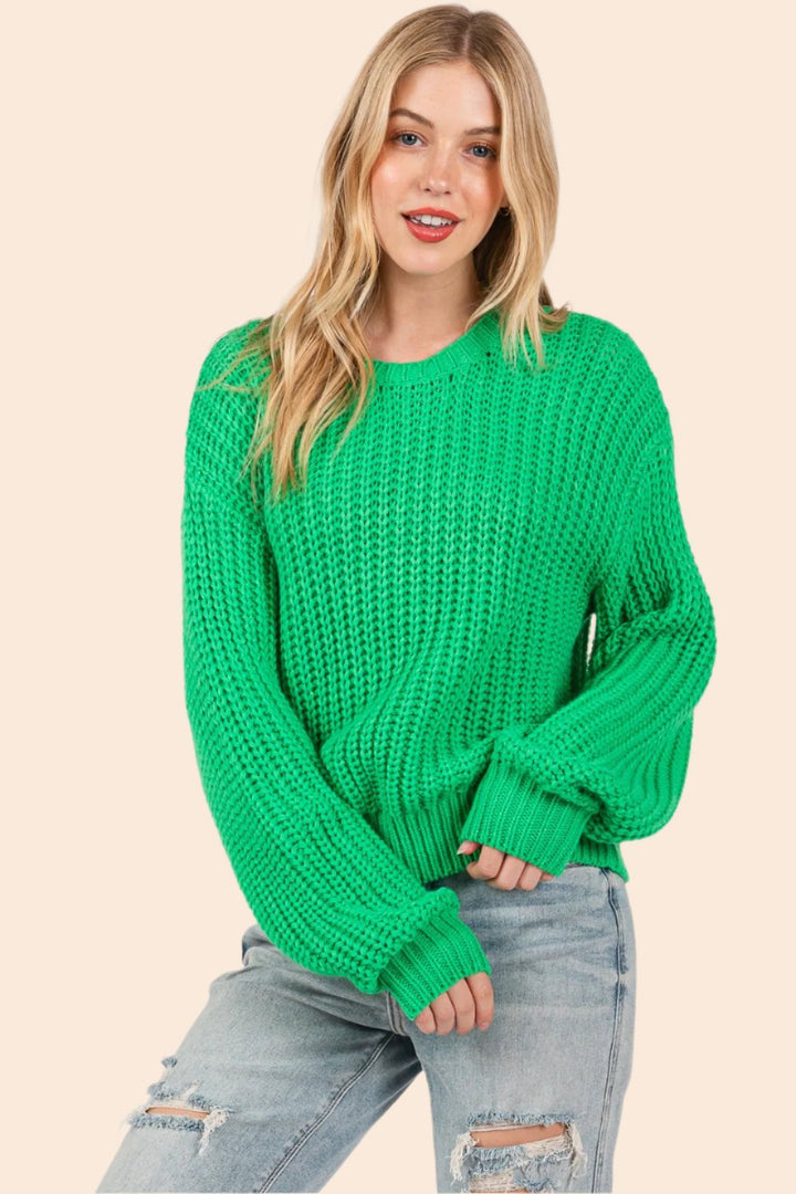 SAGE + FIG Round Neck Drop Shoulder Sweater In Green