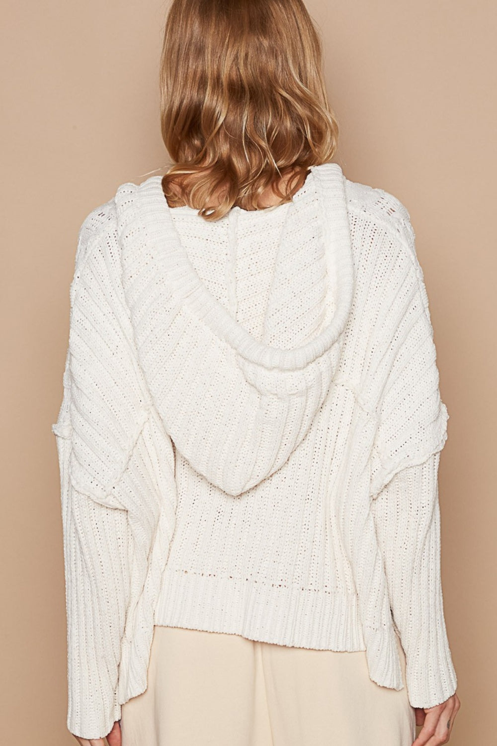 POL Rib Weave Sleeves Hooded Cable Knit Sweater In Cream