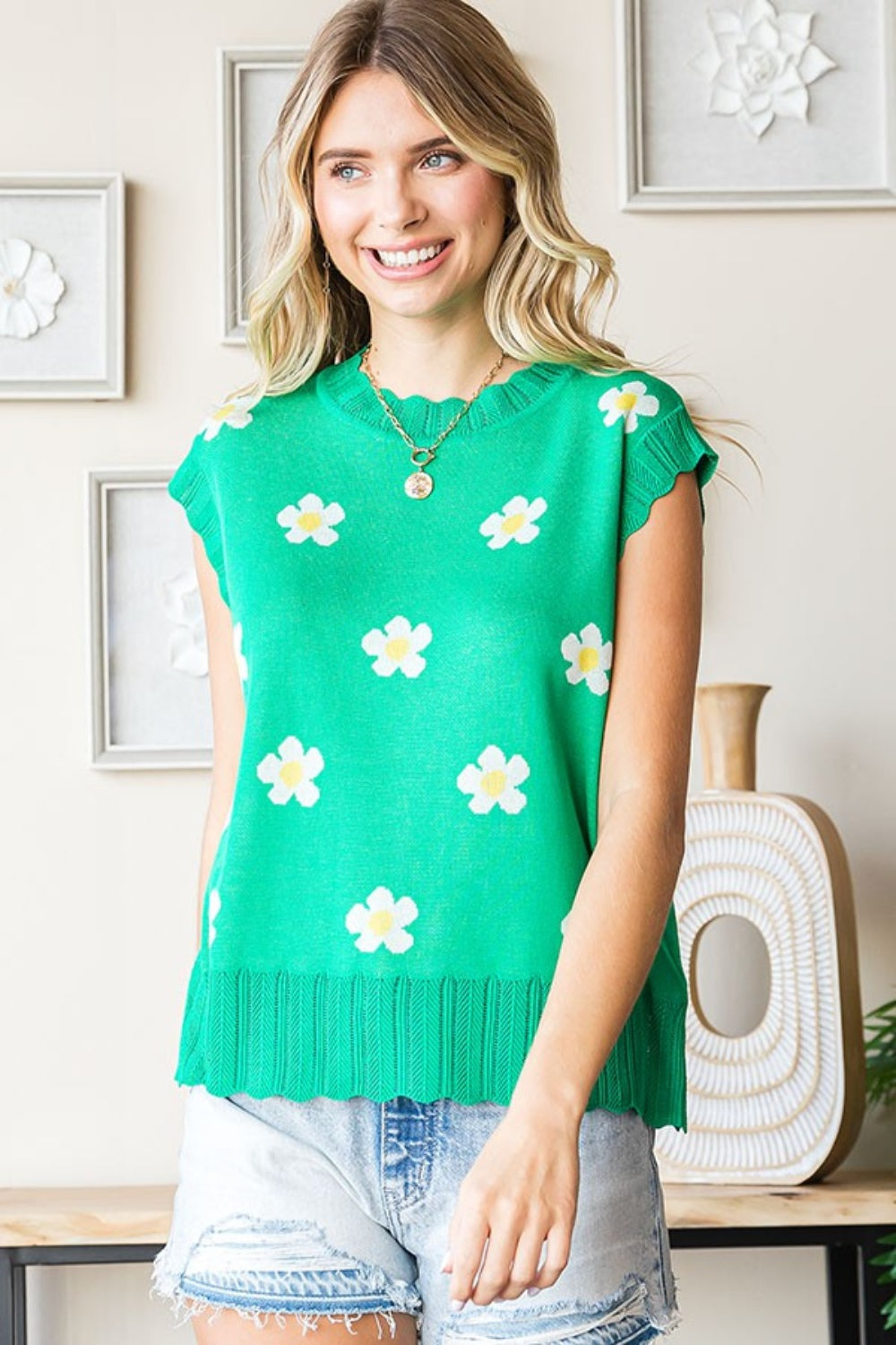 Annabelle Charming Flower Pattern Sweater Vest In Green