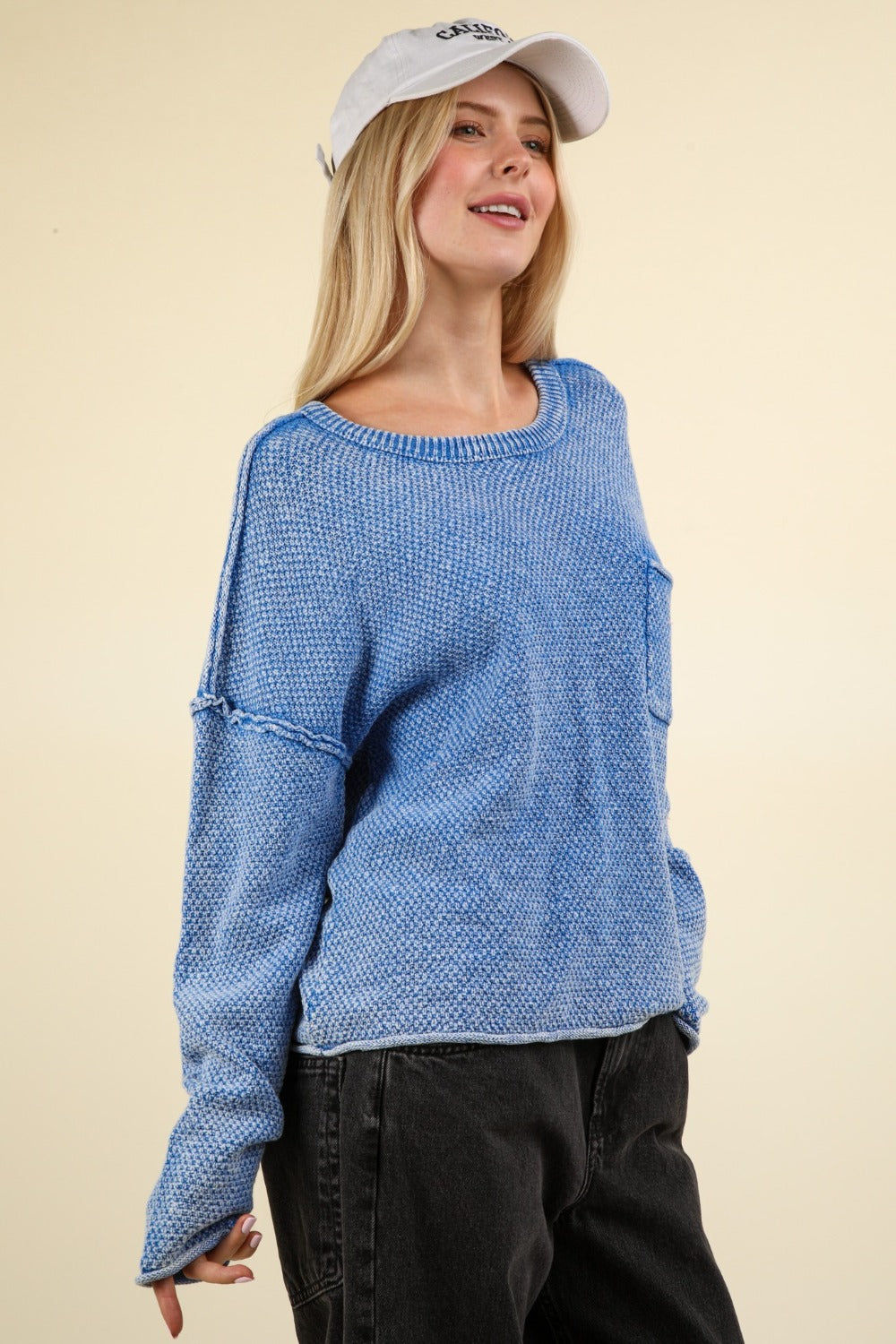 VERY J Mineral Washed Exposed Seam Sweater In Blue