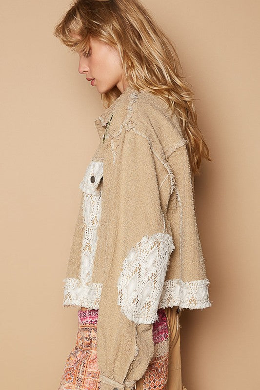 POL Crochet Patch Embroidered Button Up Jacket In Sand