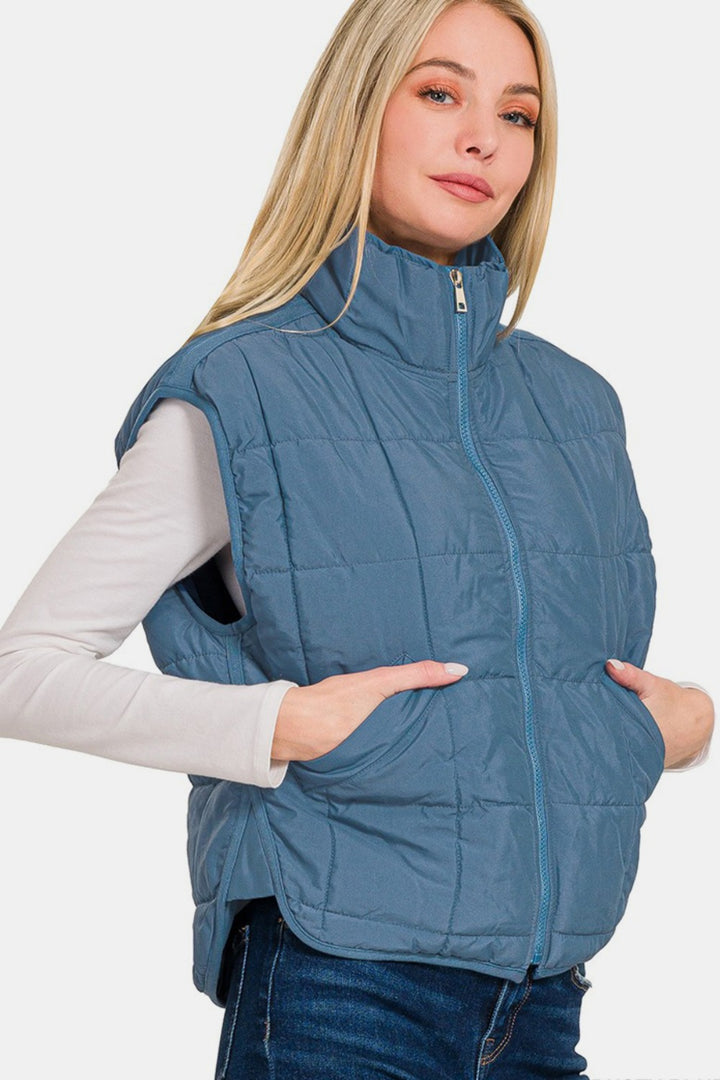 Zenana Zip Up Cropped Puffer Vest with Pockets In Dusty