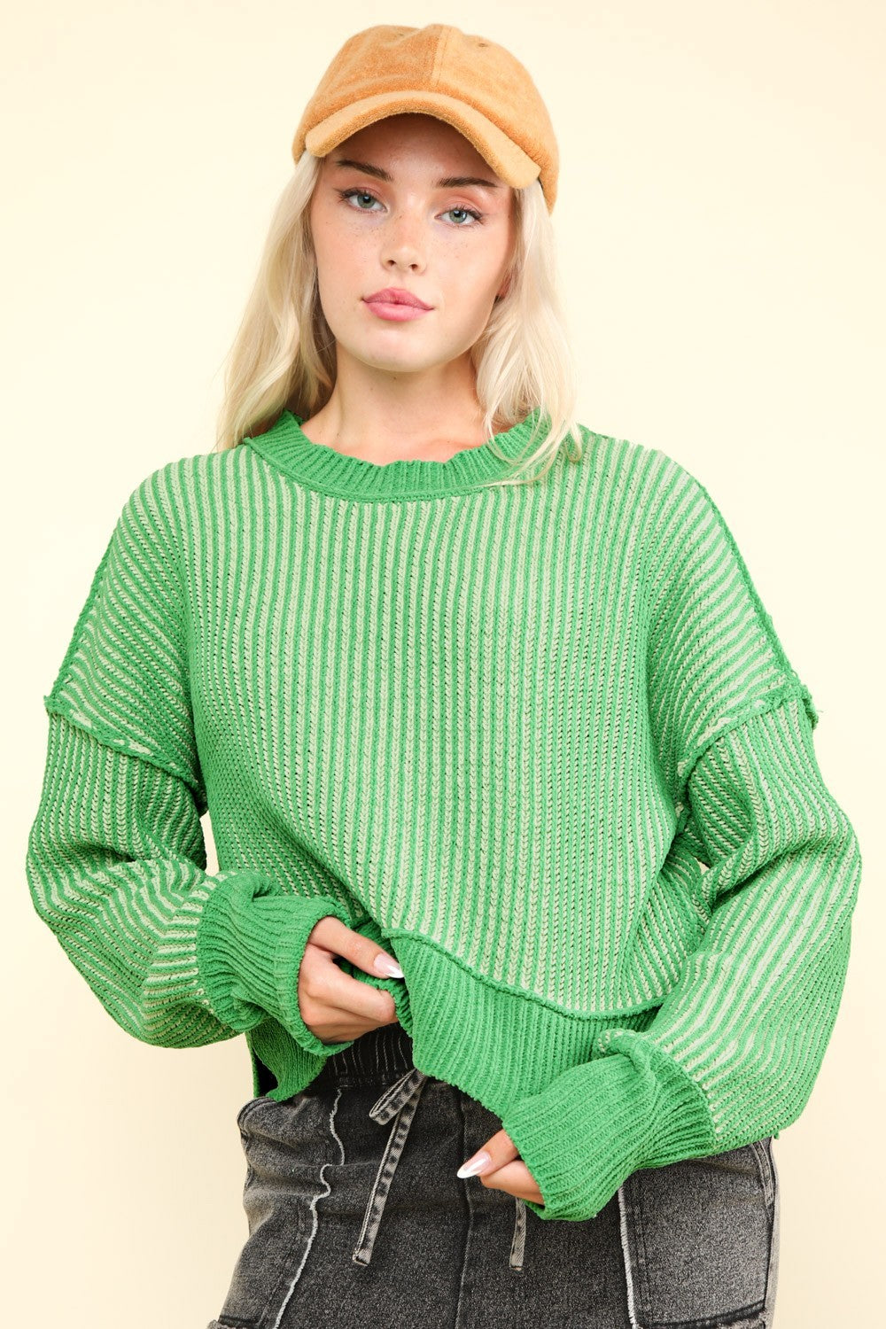 VERY J Exposed Seam Cropped Striped Slit Sweater In Green