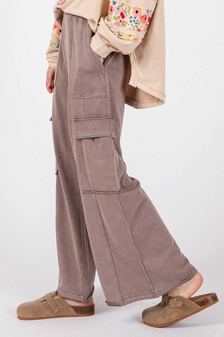 SAGE + FIG Knit Terry Mineral Wash Wide Leg Pants In Charcoal