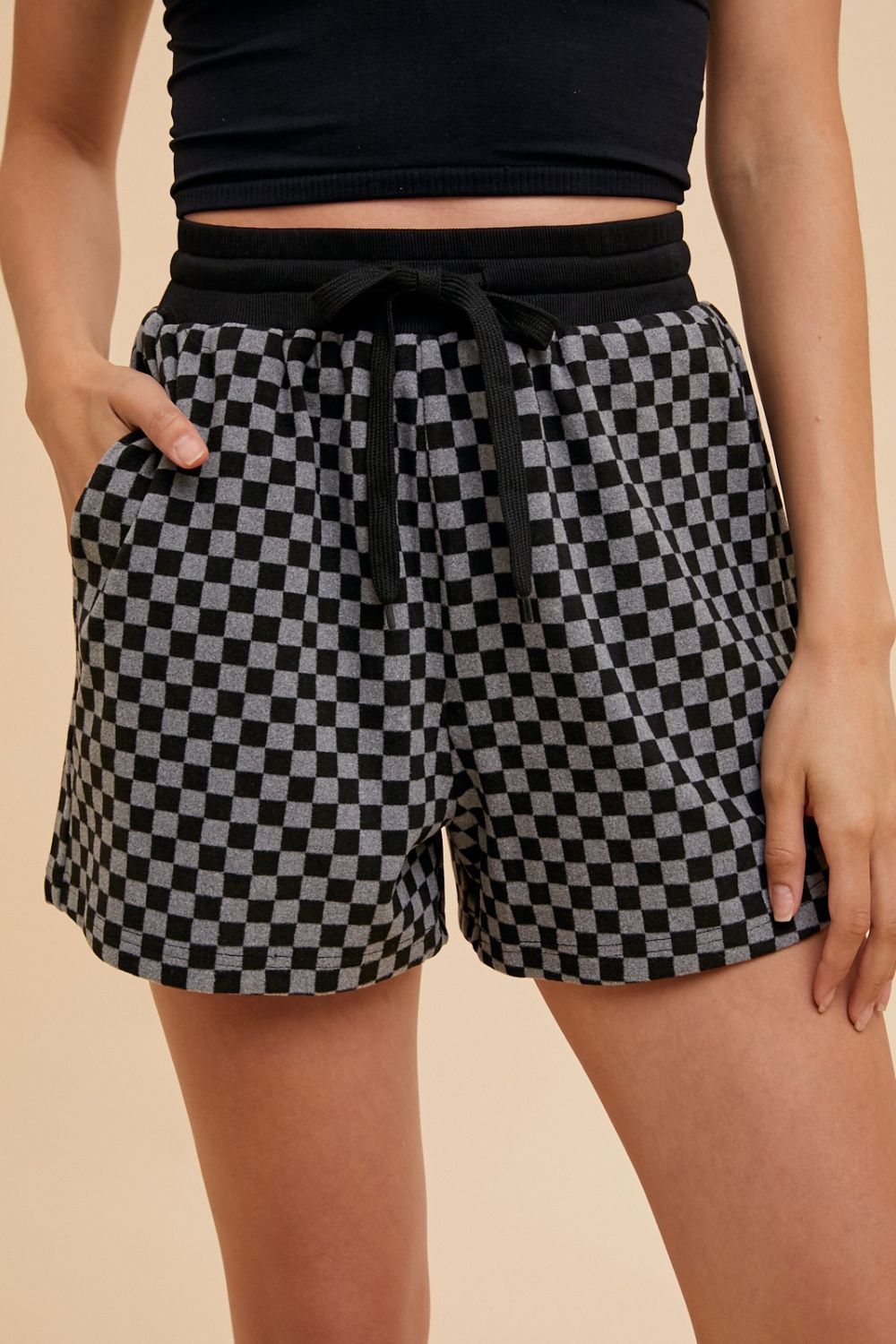 Annie Wear Checkered Top and Drawstring Shorts Set In Black