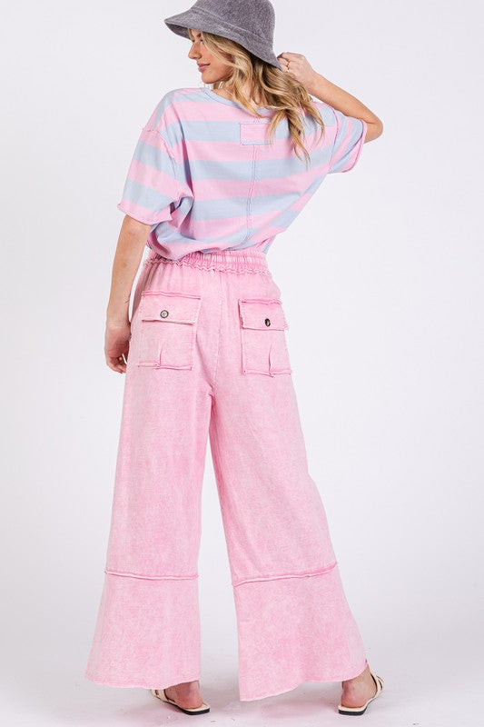 SAGE + FIG Mineral Washed Terry Wide Leg Pants In Pink