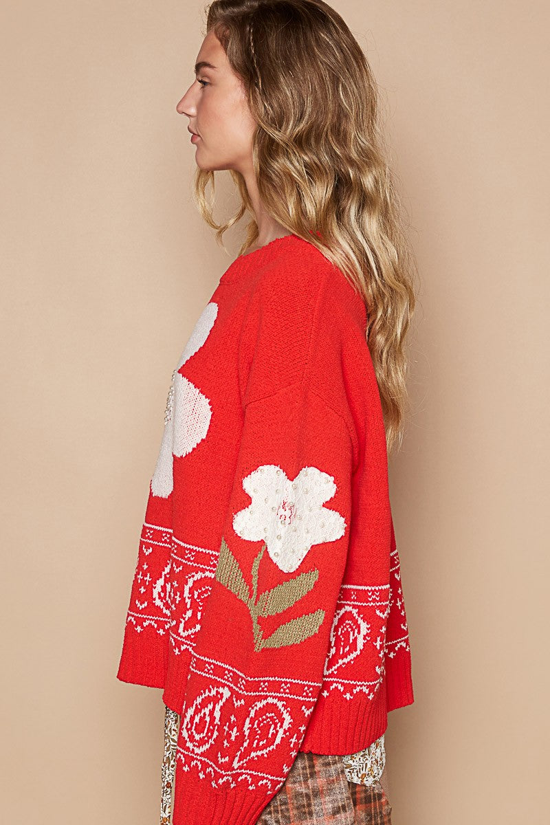 POL Flower Lace Patch Long Sleeve Sweater In Red