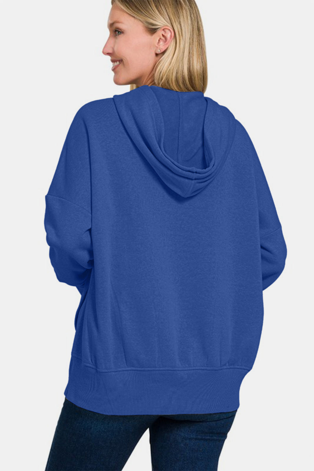 Zenana Half Snap Hoodie with Kangaroo Pocket In Navy