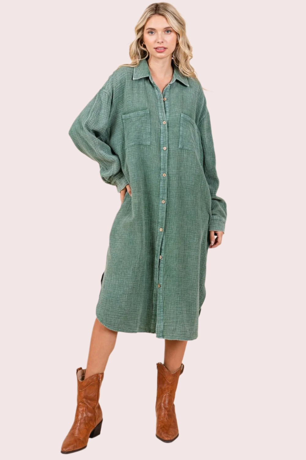 Mittoshop Mineral Wash Cotton Gauze Midi Shirt Dress In Pine