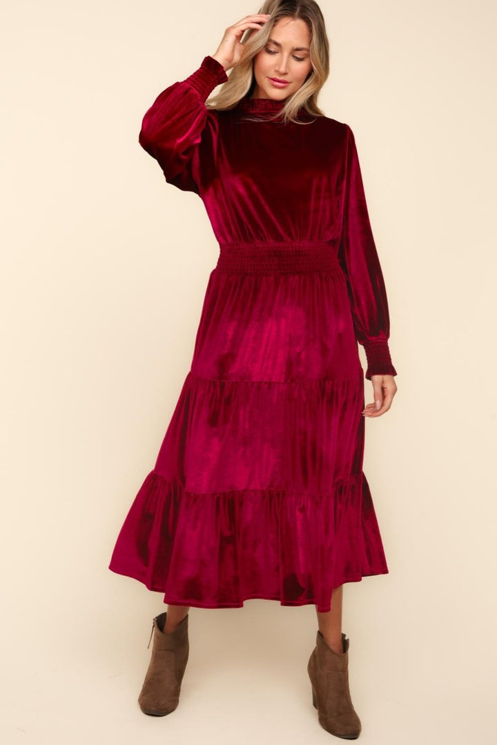 Haptics Mock Neck Smocked Waist Velvet Tiered Dress In Burgundy