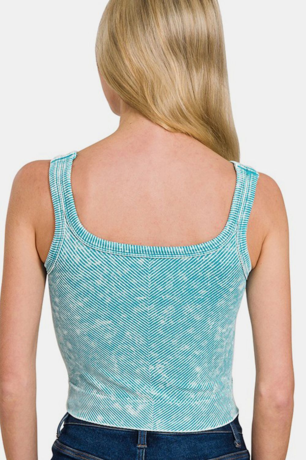 Zenana Washed Ribbed Scoop Neck Wide Strap Tank In Ice Blue