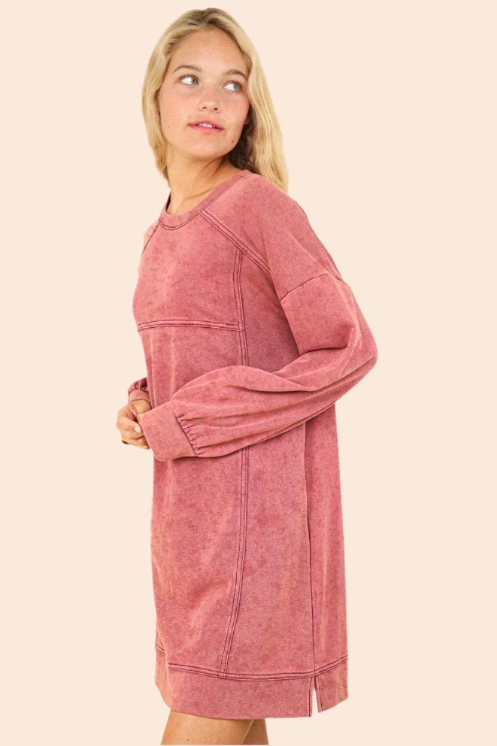 VERY J Mineral Washed Oversized Sweatshirt Mini Dress In Magenta