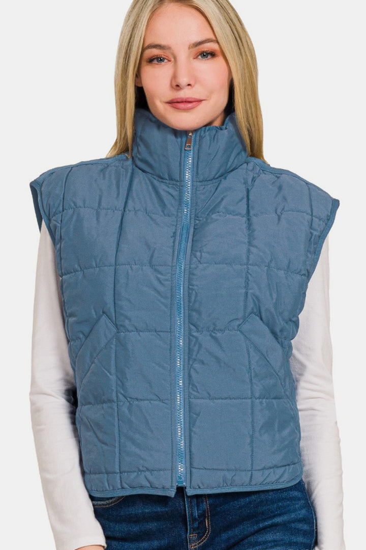 Zenana Zip Up Cropped Puffer Vest with Pockets In Dusty