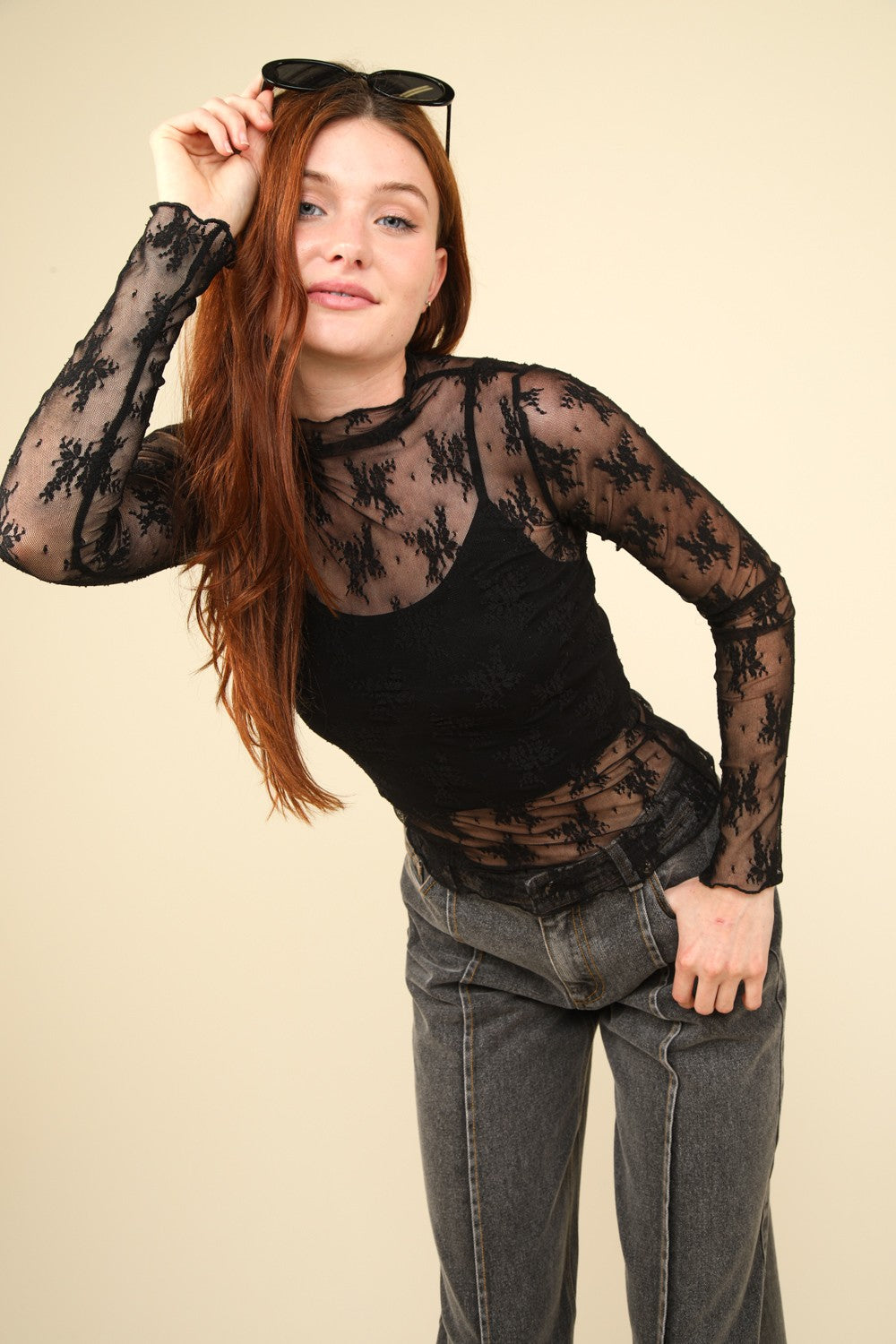 VERY J Mock Neck Fitted Sheer Mesh Lace Blouse In Black