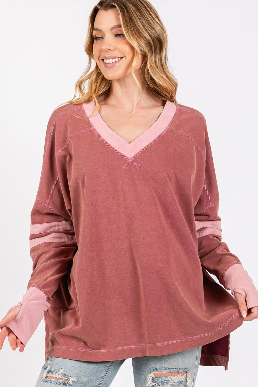 SAGE + FIG Mineral Wash Side Slit Contrast Top In Mulberry