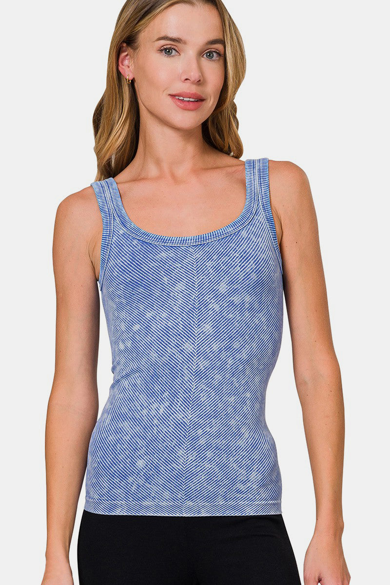 Zenana Ribbed Scoop Neck Tank In Light Indigo