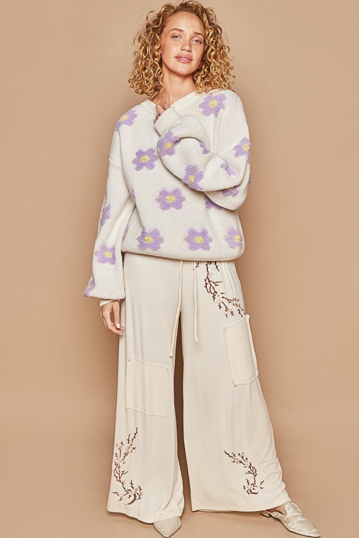 POL Daisy Pattern Drop Shoulder Sweater In Cream