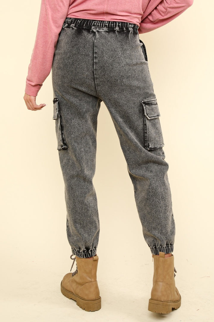 VERY J Washed Drawstring Jogger Cargo Jeans In Black Denim