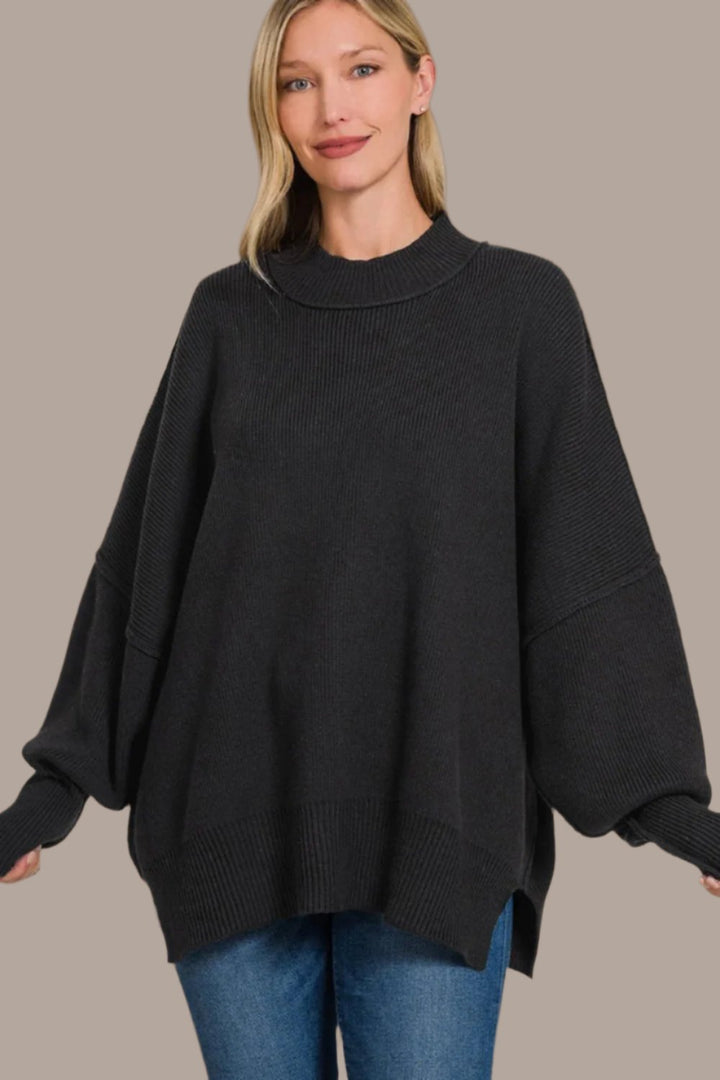 Zenana Side Sit Oversize Sweater In Black