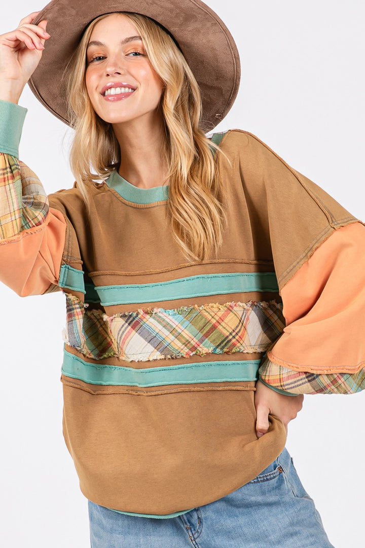 SAGE + FIG Mineral Wash Raw Edge Color Block Sweatshirt In Hazelnut