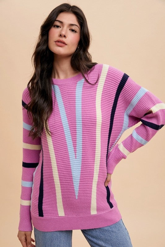 Annie Wear Chevron Stripe Ribbed Sweater In Orchid