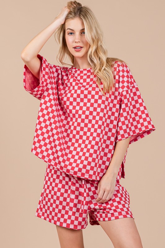 Ces Femme Checkered Top and Shorts Set In Red