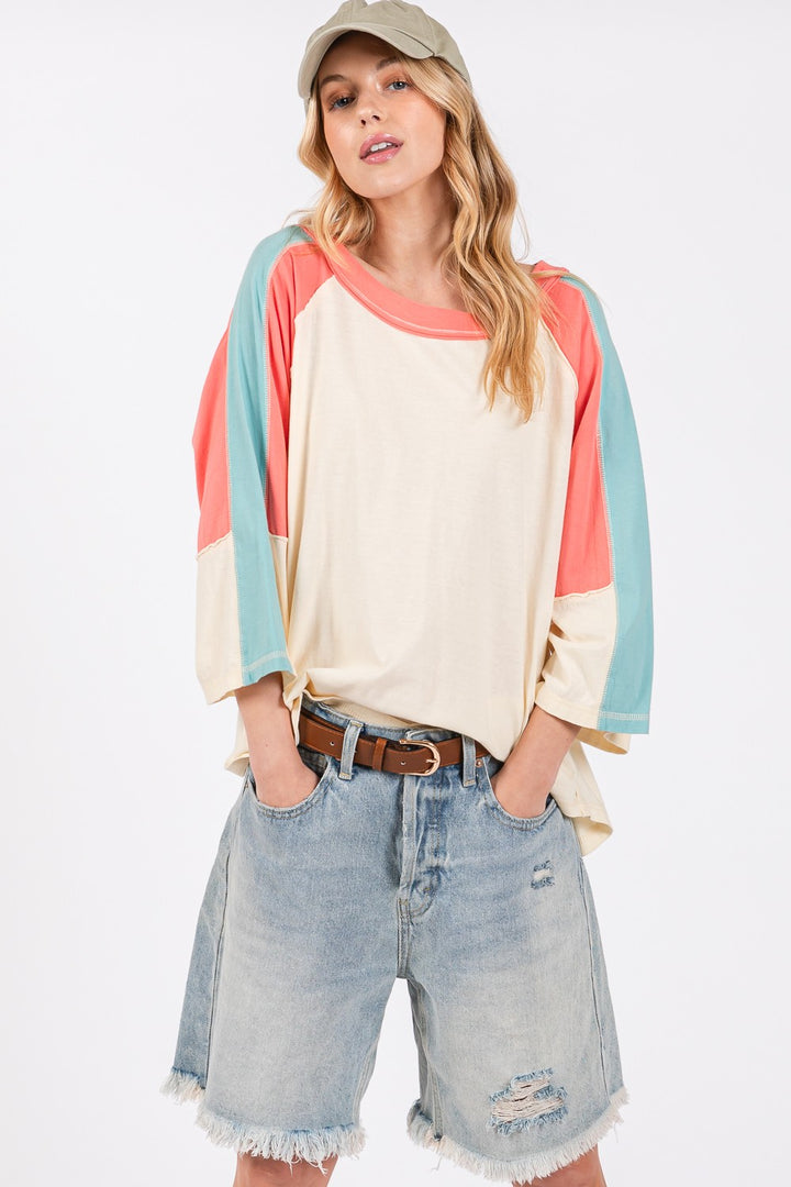 SAGE + FIG Color Block Curved Hem Top In Magnolia