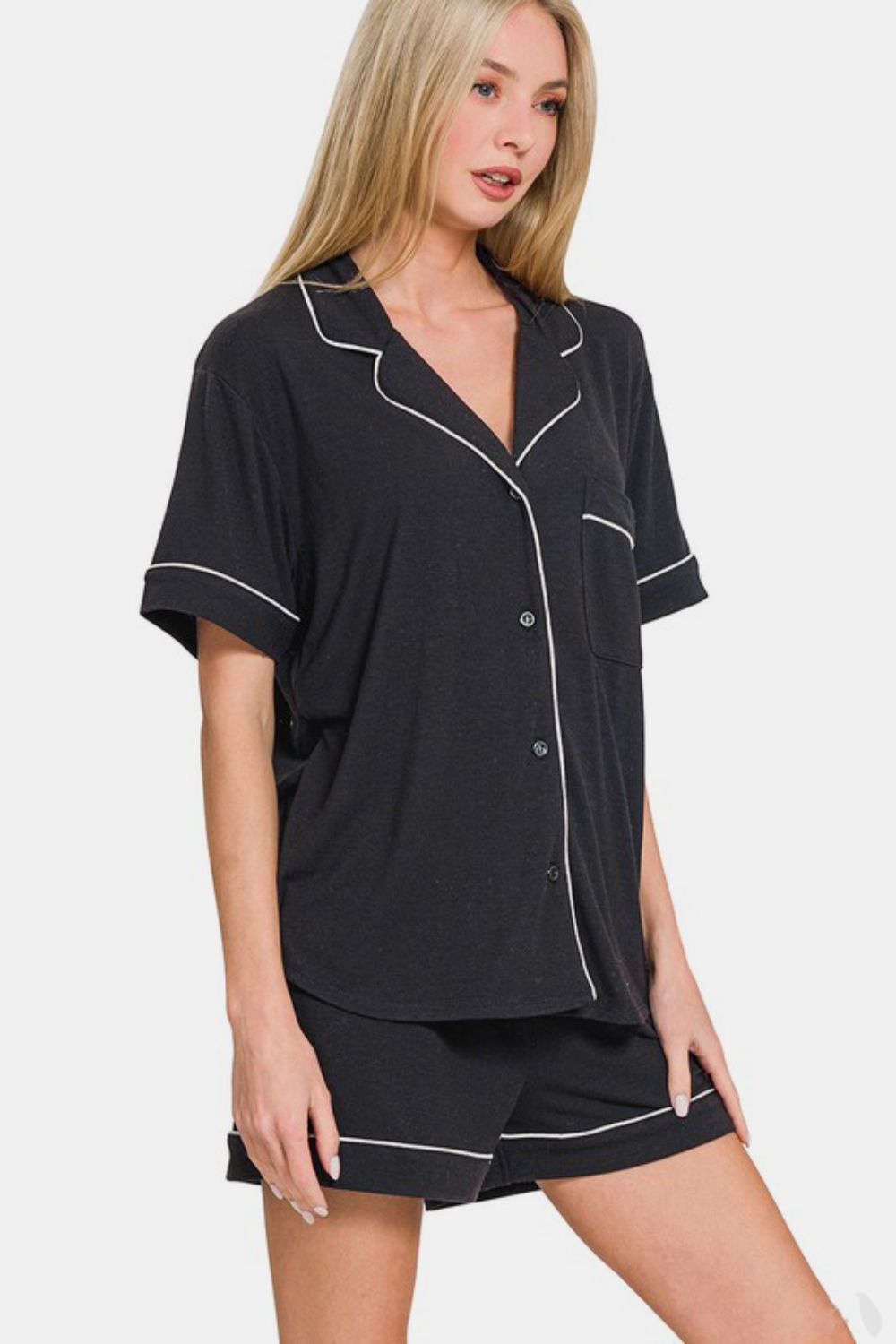 Zenana Button Down Top and Shorts Lounge Set In Black