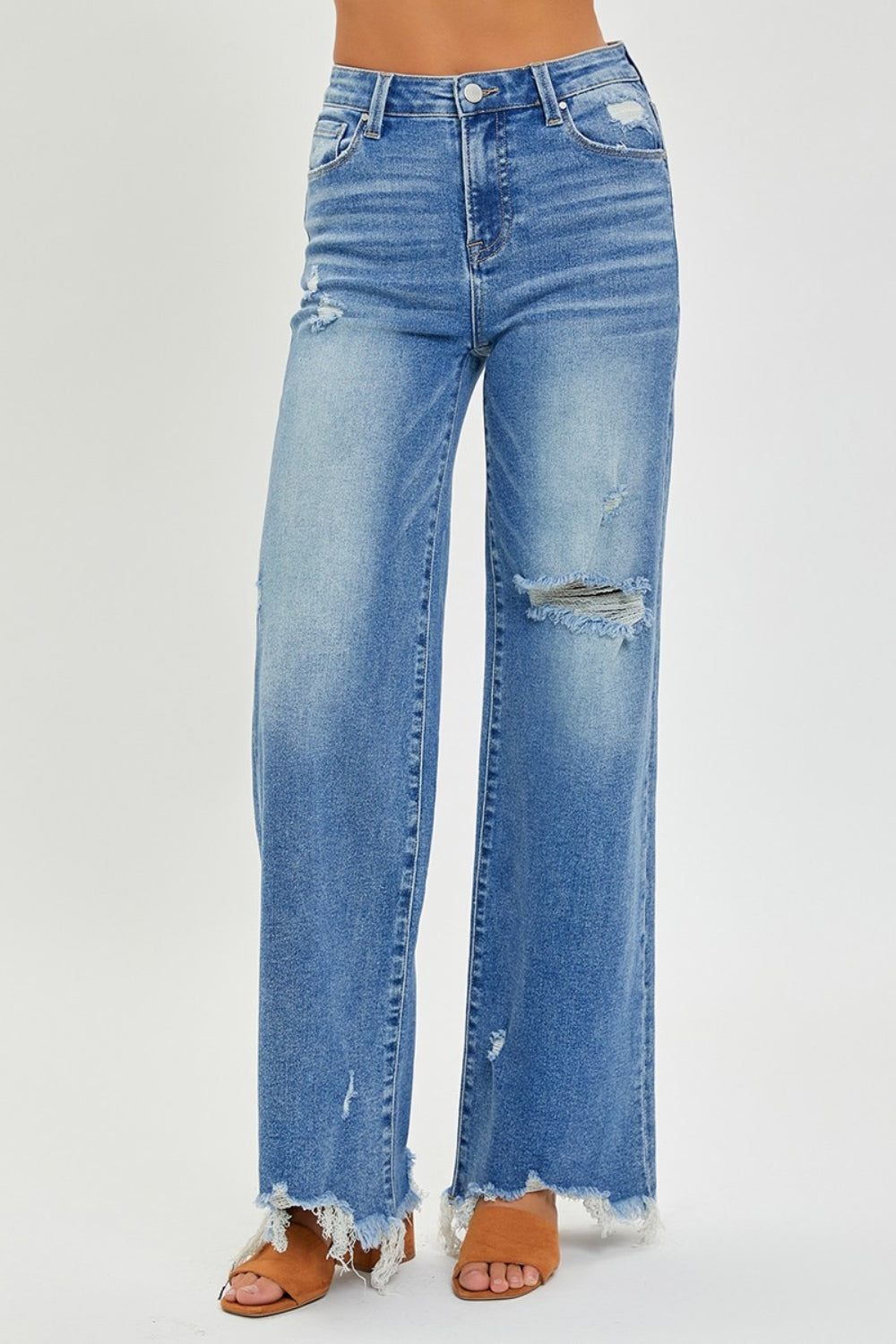 RISEN Haze High Rise Frayed Hem Wide Leg Jeans