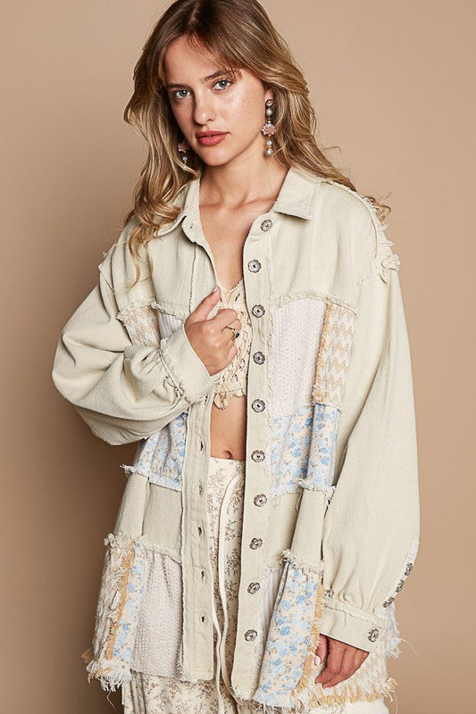 POL Raw Hem Patchwork Jacket In Beige