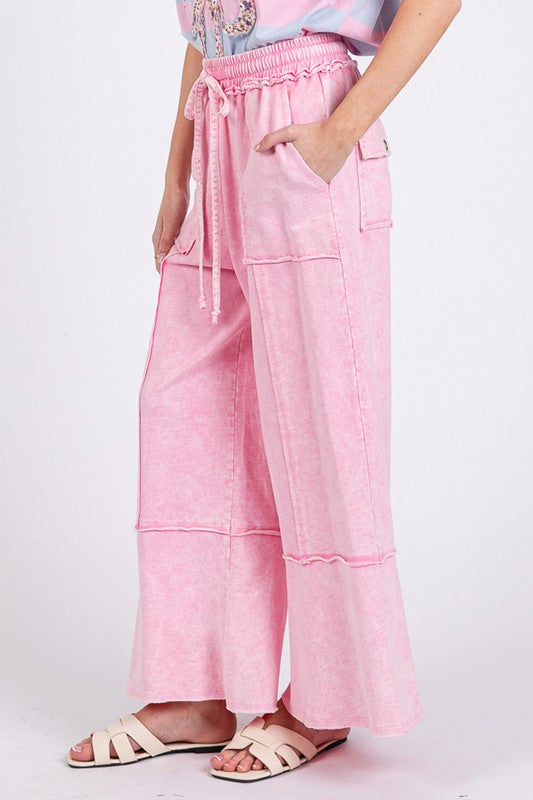 SAGE + FIG Mineral Washed Terry Wide Leg Pants In Pink