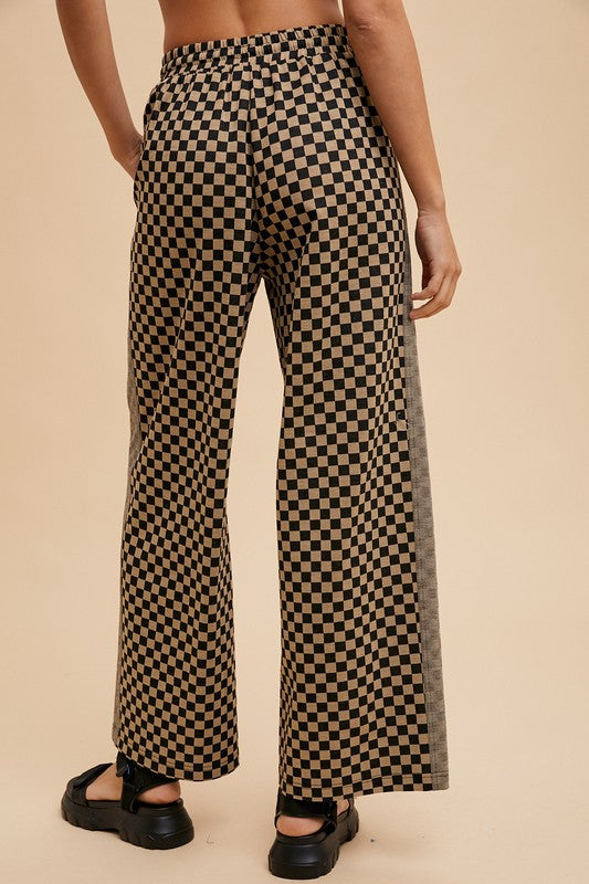 Annie Wear Drawstring Checkered Wide Leg Pants In Camel