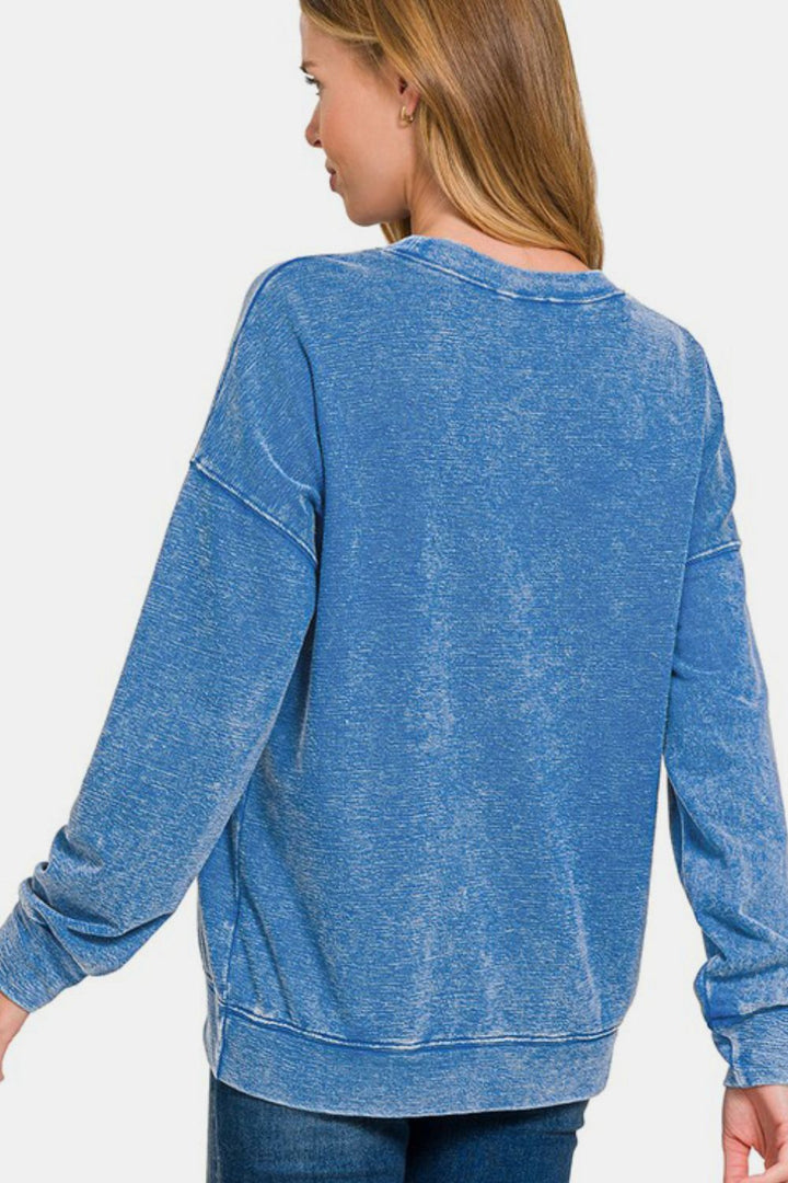 Zenana Washed Dropped Shoulder Sweatshirt In Blue