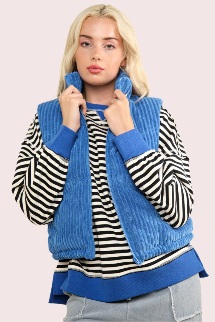 VERY J Zip Up Padded Corduroy Puffer Vest In Blue