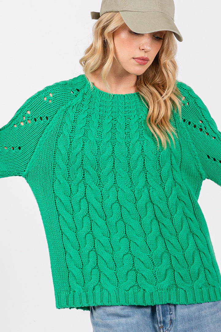 SAGE + FIG Cable-Knit Long Sleeve Sweater In Emerald