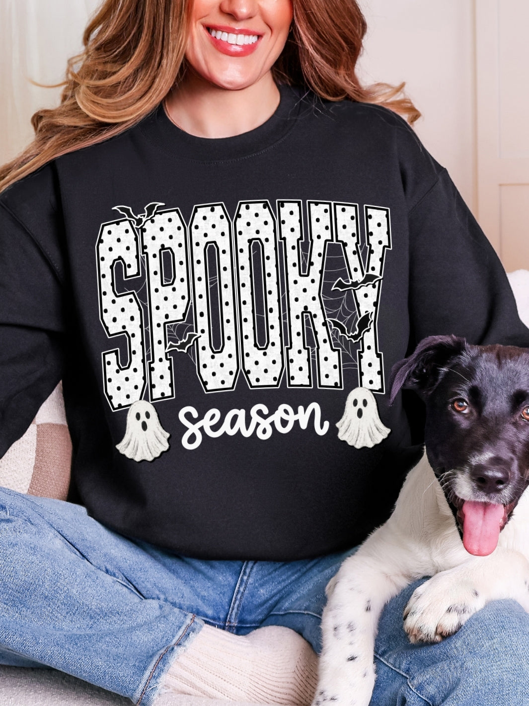 Retro Spooky Season Black Polka Dots Graphic Crewneck Sweatshirt